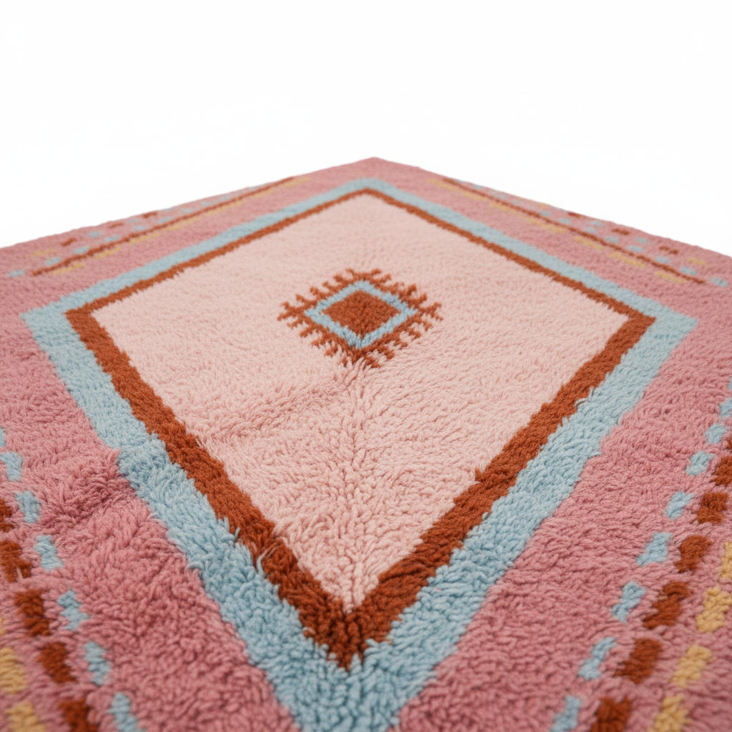A close-up of a textured, loop-pile rug with a geometric diamond pattern in dusty pink, light blue, rust brown, and yellow.