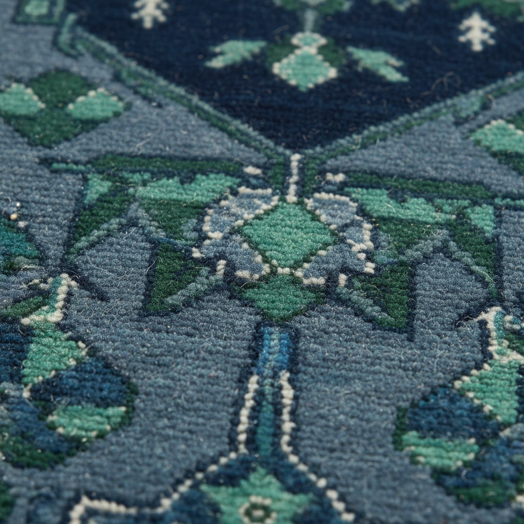 Close-up of a patterned rug with a geometric and floral design in shades of slate blue, teal, green, and cream.