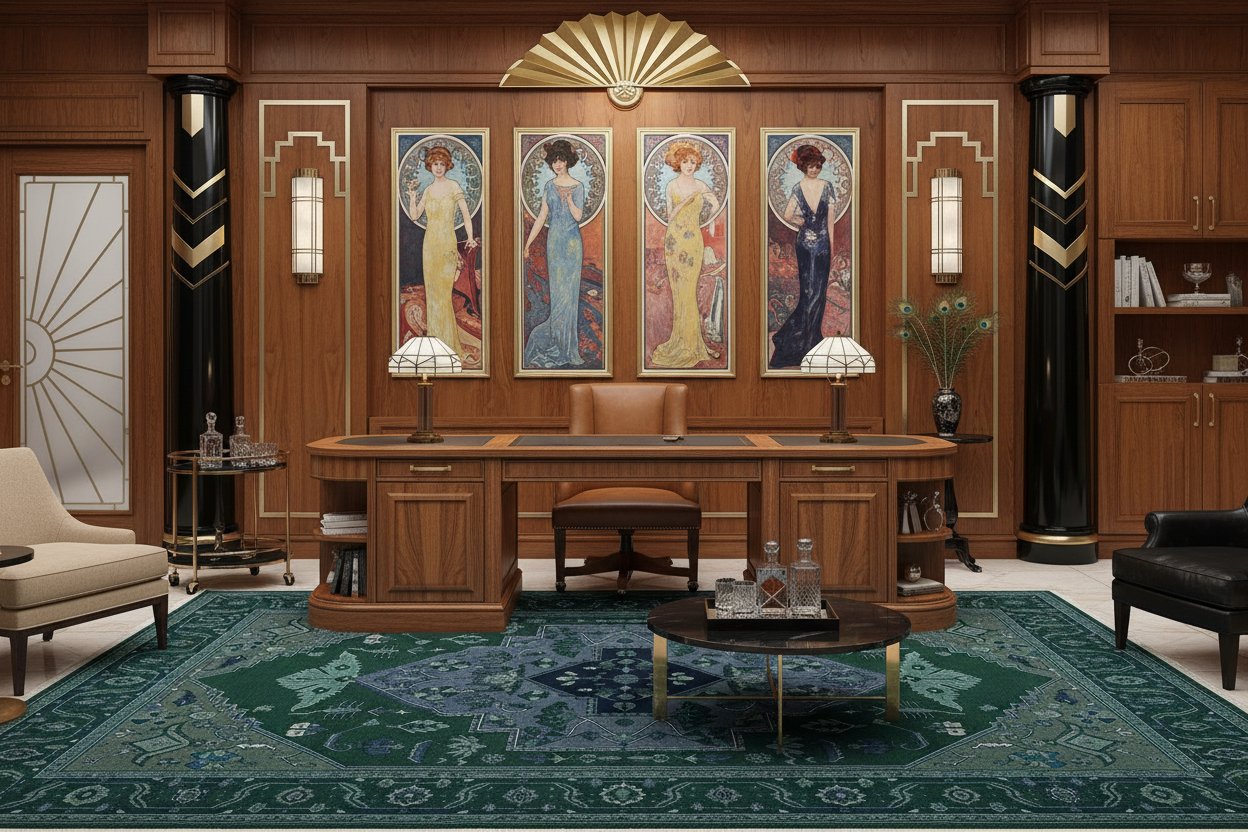 Decorative interior with wooden desk, armchair, and wall art in a room with wooden paneling.