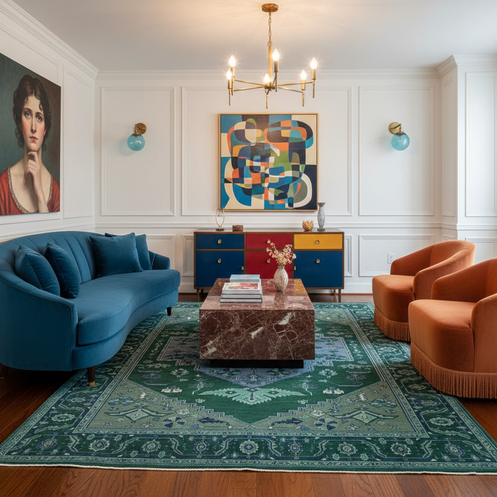 A styled living room interior with a curved teal sofa, two orange armchairs, a marble-top coffee table, a large green patterned area rug, wall sconces, and colorful abstract wall art in a white paneled room.