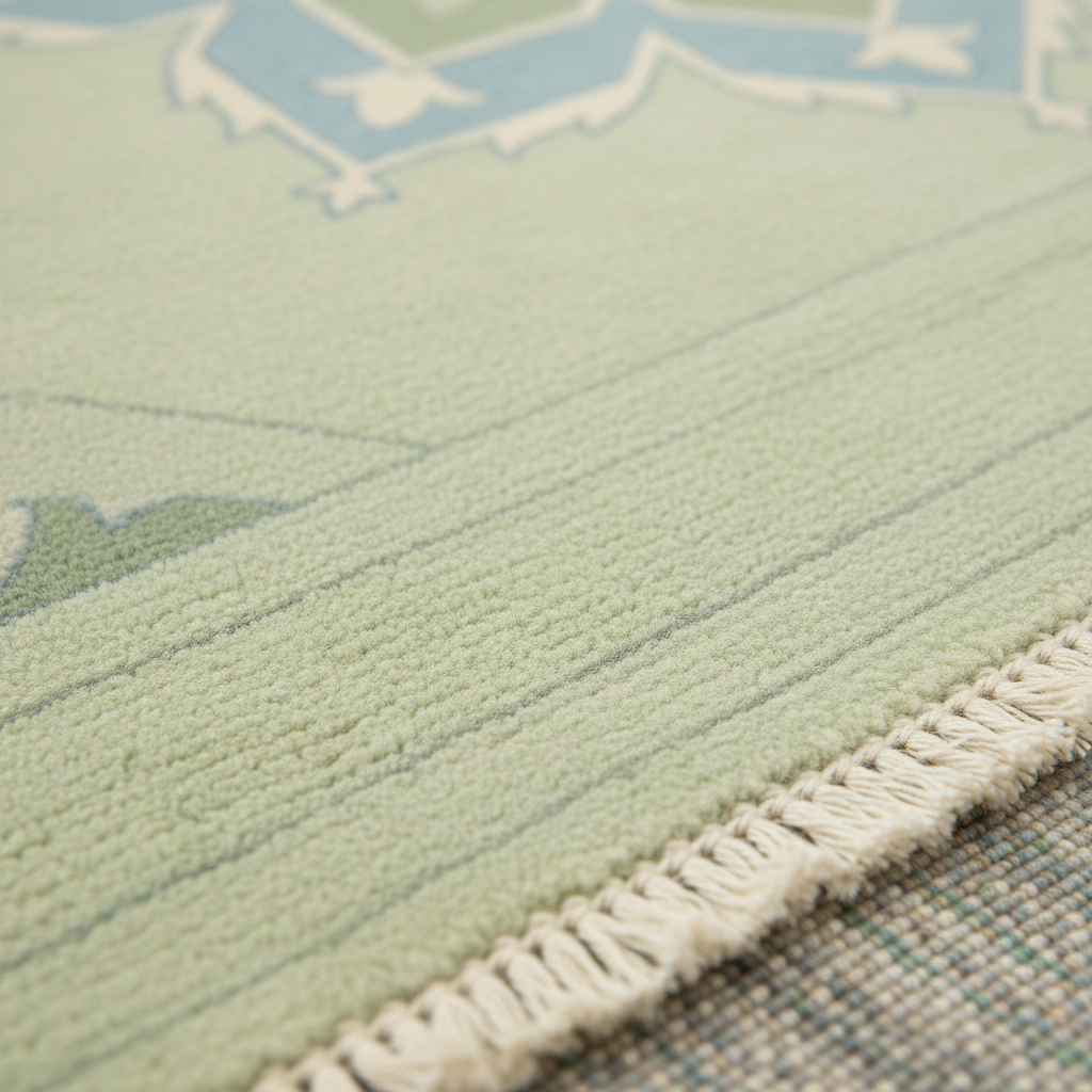 Close-up of a pale sage green area rug with a cream fringe edge and a subtle geometric pattern, layered over a textured gray rug underneath.