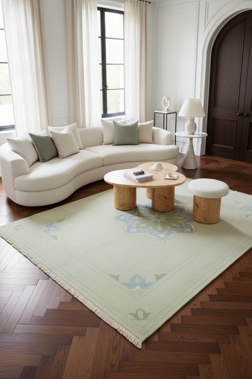 A large pale sage green area rug with a subtle blue and beige medallion pattern and fringe, styled in a bright living room with a curved white sofa, wooden coffee table, and herringbone wood floor.
