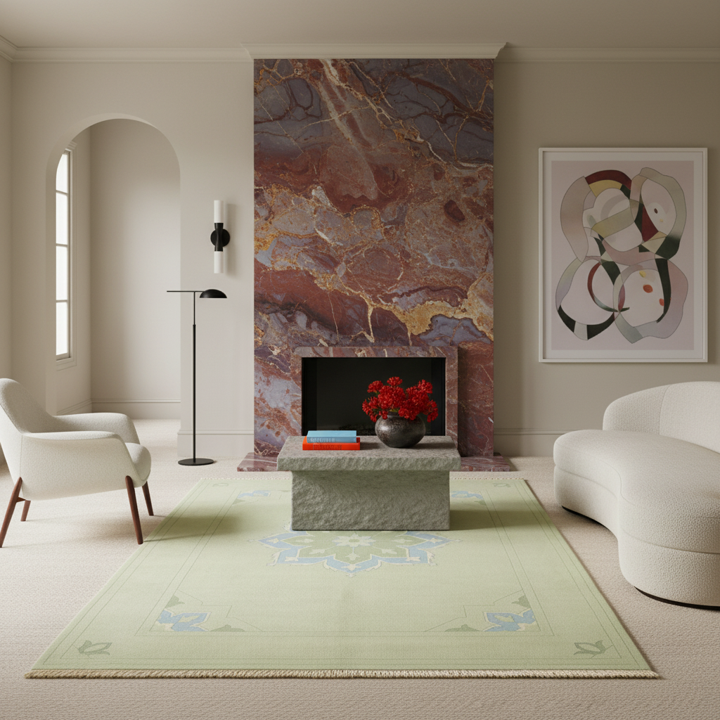 A styled living room featuring a large pale sage green area rug with a subtle blue and gold medallion pattern. The rug is styled in a modern living space with a stone coffee table, a red flower arrangement, a textured brown and gold marble fireplace wall, a white armchair, and a curved white sofa.