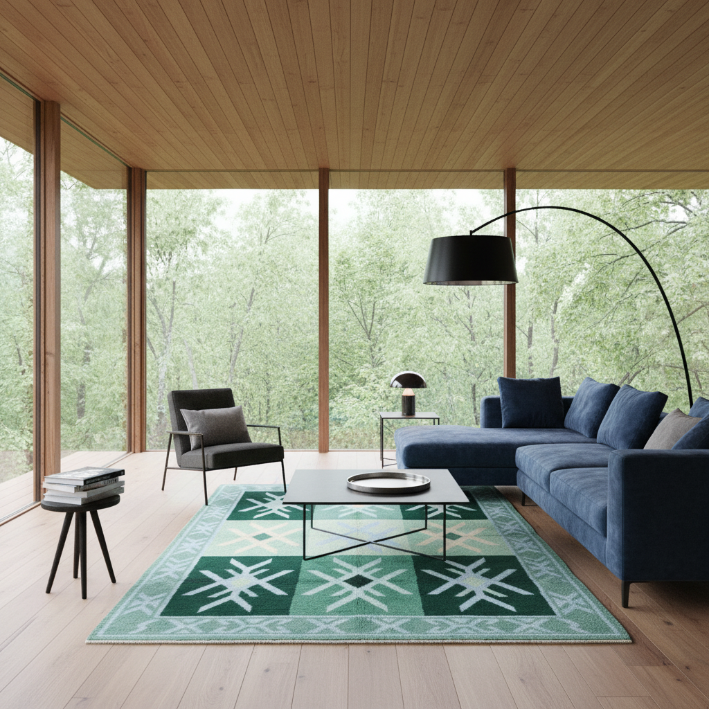 A modern living room with a blue sectional sofa, black accent chair, glass coffee table, and a green patterned area rug. Large floor-to-ceiling windows reveal a dense green forest outside, and the room has light wood ceiling and flooring.