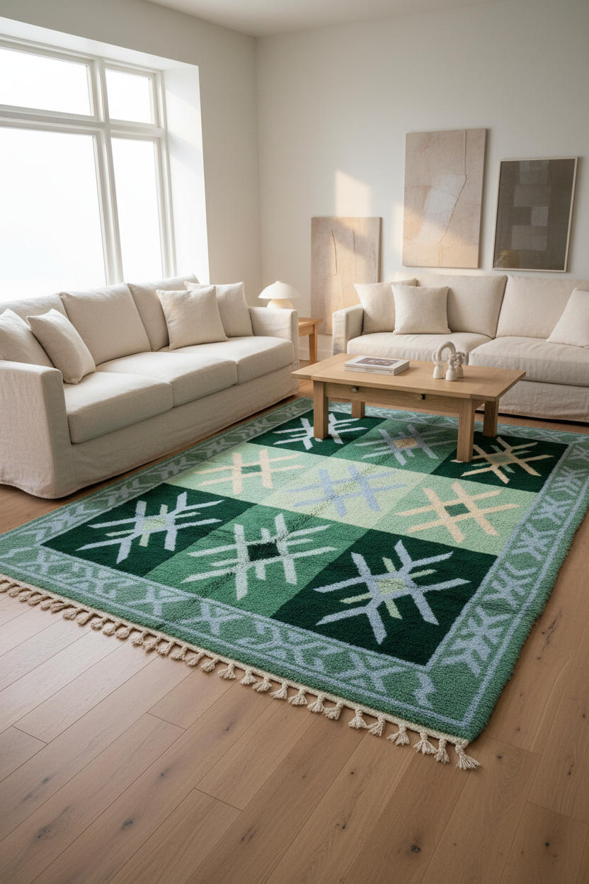 A green and cream geometric area rug with fringe, styled in a bright, modern living room with light wood floors, a beige sofa, and a wooden coffee table.