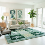 A styled living room featuring a large green and white geometric patterned area rug on a white wood floor. The room includes a cream sofa, a glass-top coffee table, a gray armchair, a floor lamp, and potted plants.