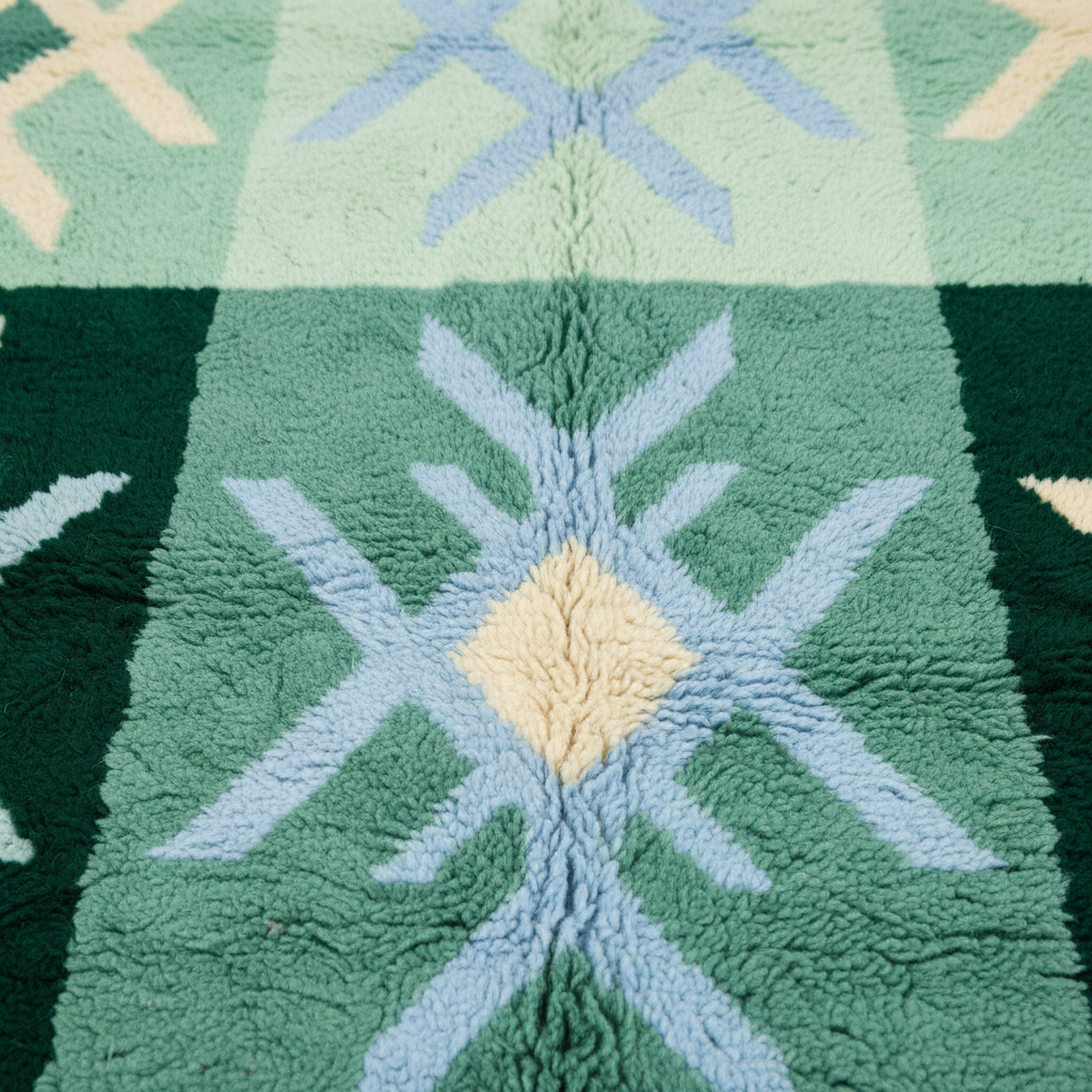 A close-up of a textured, loop-pile rug featuring a geometric pattern with sage green, forest green, light blue, and cream sections.
