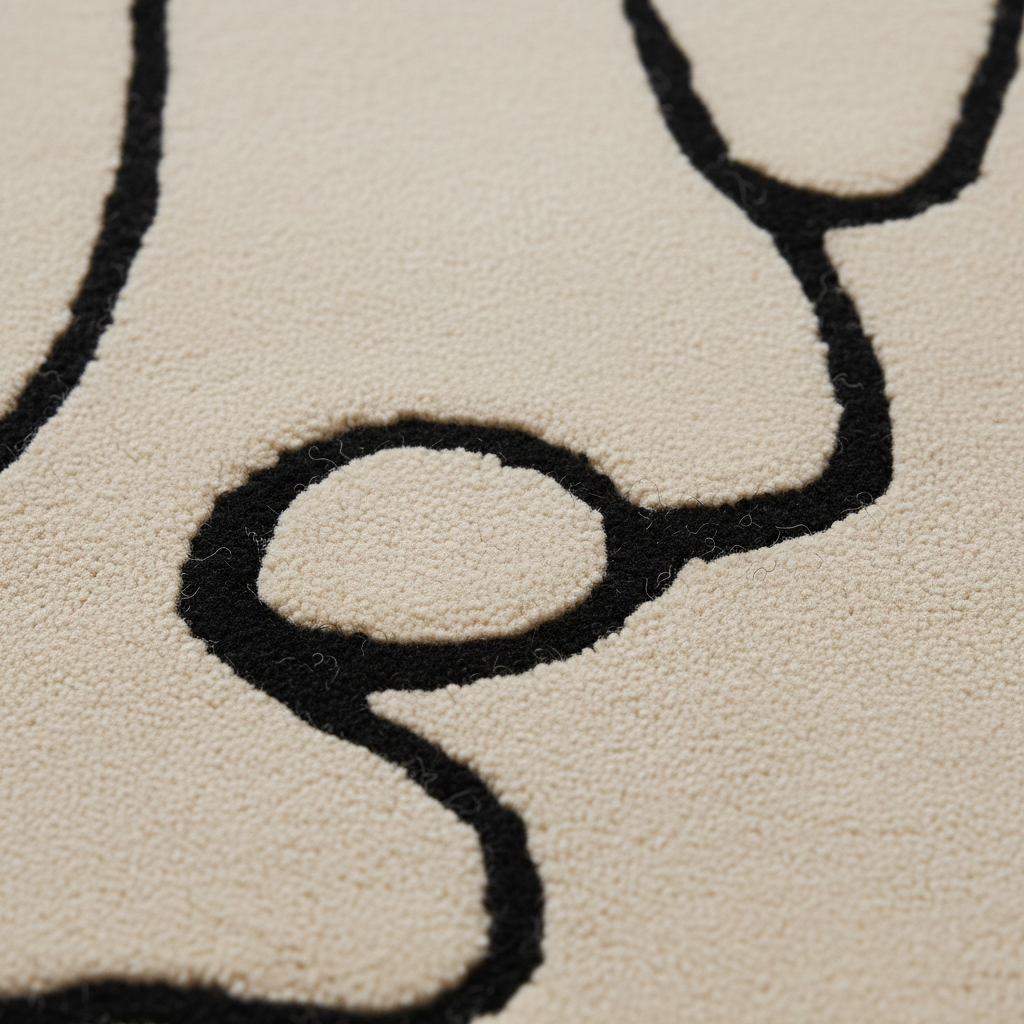 Close-up of a textured area rug with a cream background and a thick black abstract line pattern.