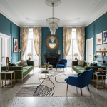 Luxurious living room with teal walls, blue chairs, contemporary rug, and green sofas.