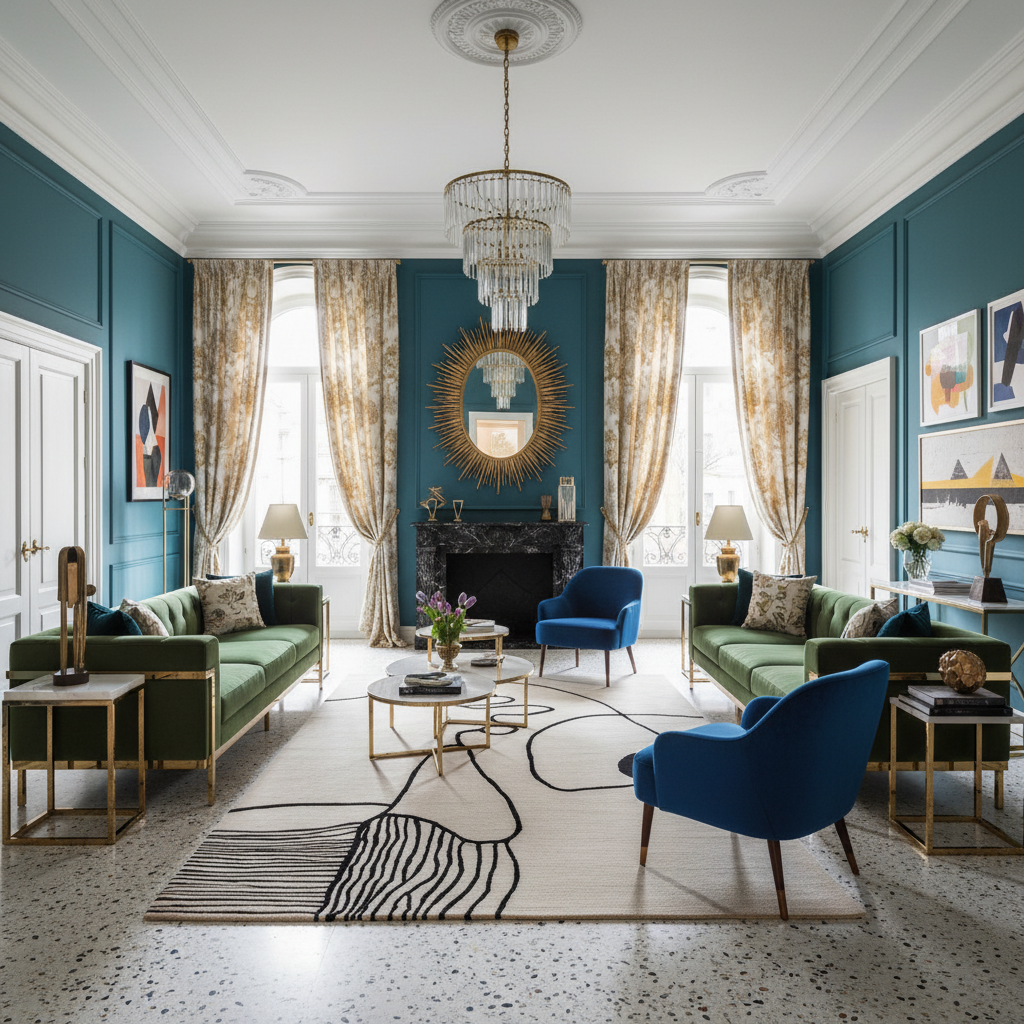 Luxurious living room with teal walls, blue chairs, contemporary rug, and green sofas.