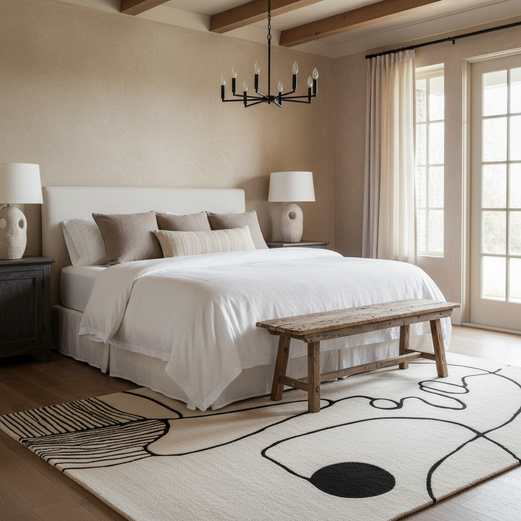 A styled bedroom interior featuring a bed dressed in white bedding, set with neutral beige and taupe pillows, a rustic wooden bench at the foot of the bed, a large abstract cream rug with black lines, and warm beige walls with exposed wood beams.