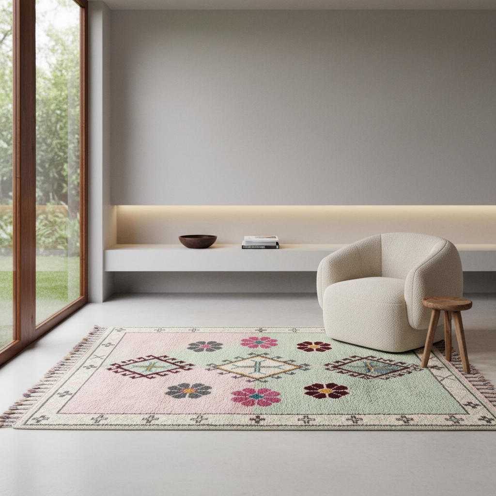 A rectangular area rug with a light pink and mint green base, decorated with colorful geometric and floral motifs, styled in a modern minimalist living room next to a cream-colored armchair and a small wooden side table.