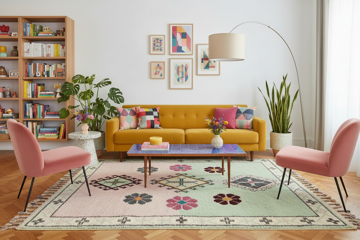 Modern living room with yellow sofa, pink chairs, and decorative rug.