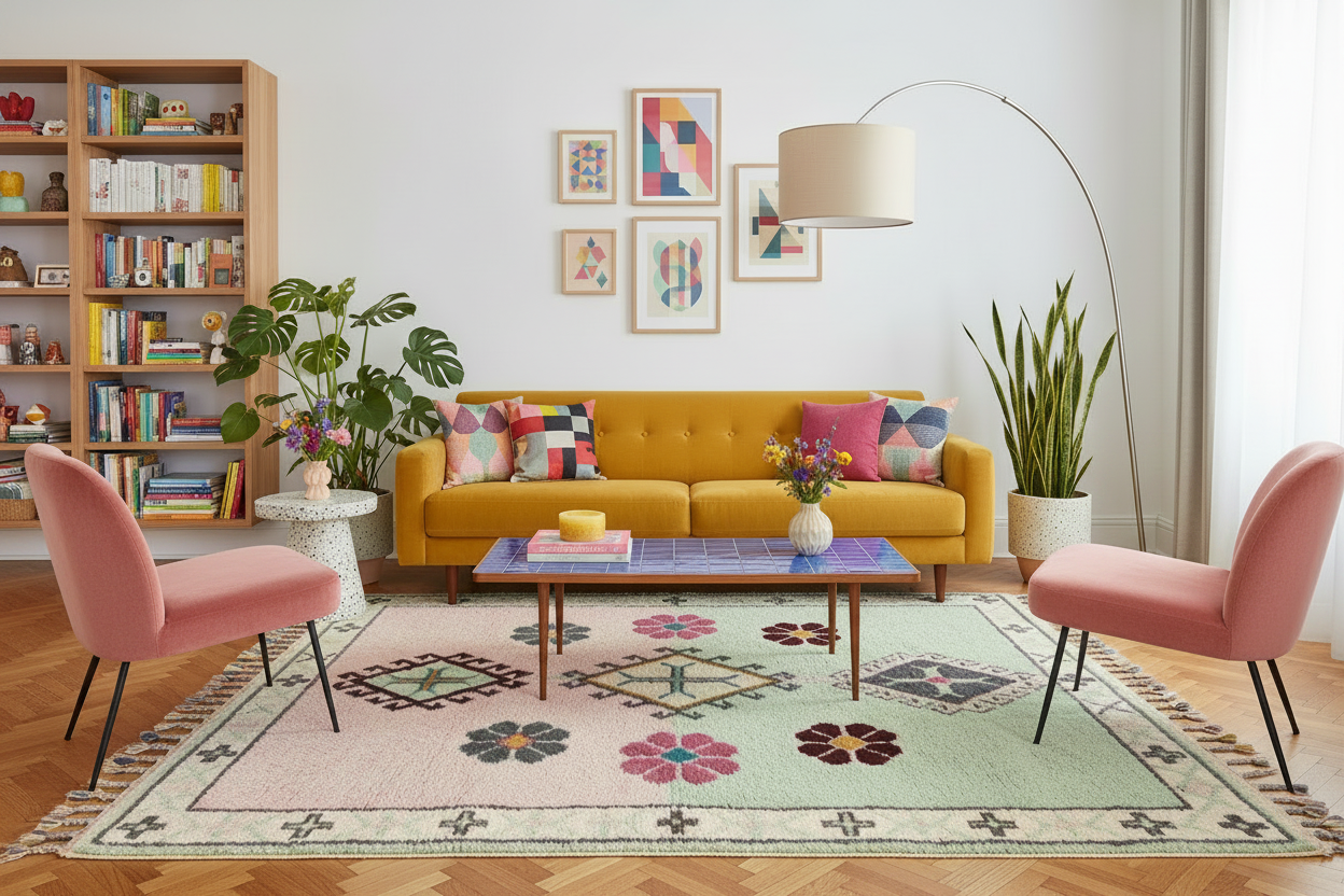 Modern living room with yellow sofa, pink chairs, and decorative rug.