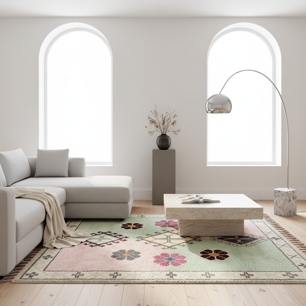 A modern living room scene featuring a light beige sectional sofa, a low stone coffee table, a colorful geometric area rug, a tall silver floor lamp, and two large arched windows.