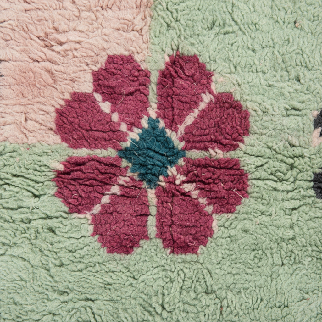 A close-up of a textured, loop-pile rug featuring a central magenta-pink flower with a teal center, surrounded by a light green border and a pale pink corner.