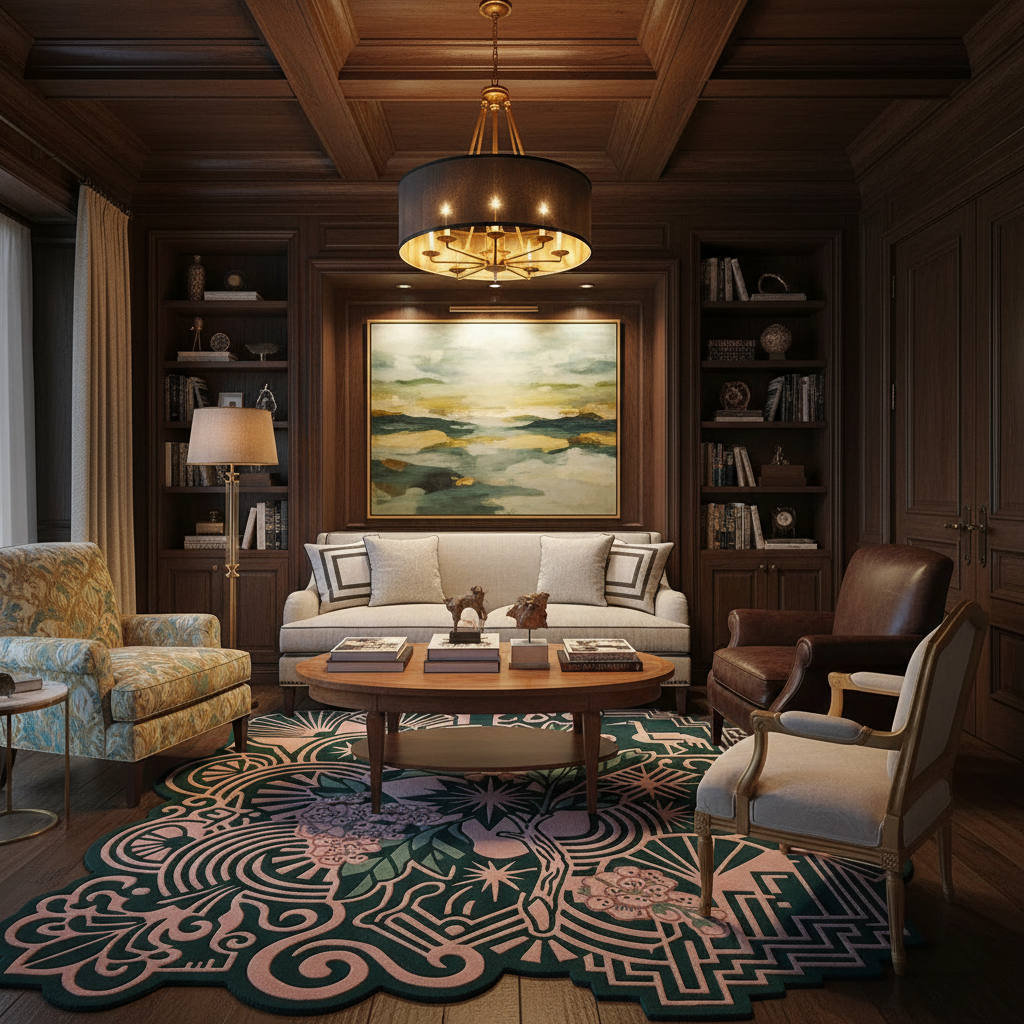A luxury living room featuring a large framed landscape painting above a cream sofa, styled with a dark wood ceiling, built-in bookshelves, a patterned rug, and multiple elegant armchairs.