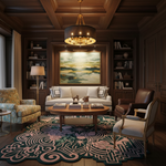 A luxury living room featuring a large framed landscape painting above a cream sofa, styled with a dark wood ceiling, built-in bookshelves, a patterned rug, and multiple elegant armchairs.