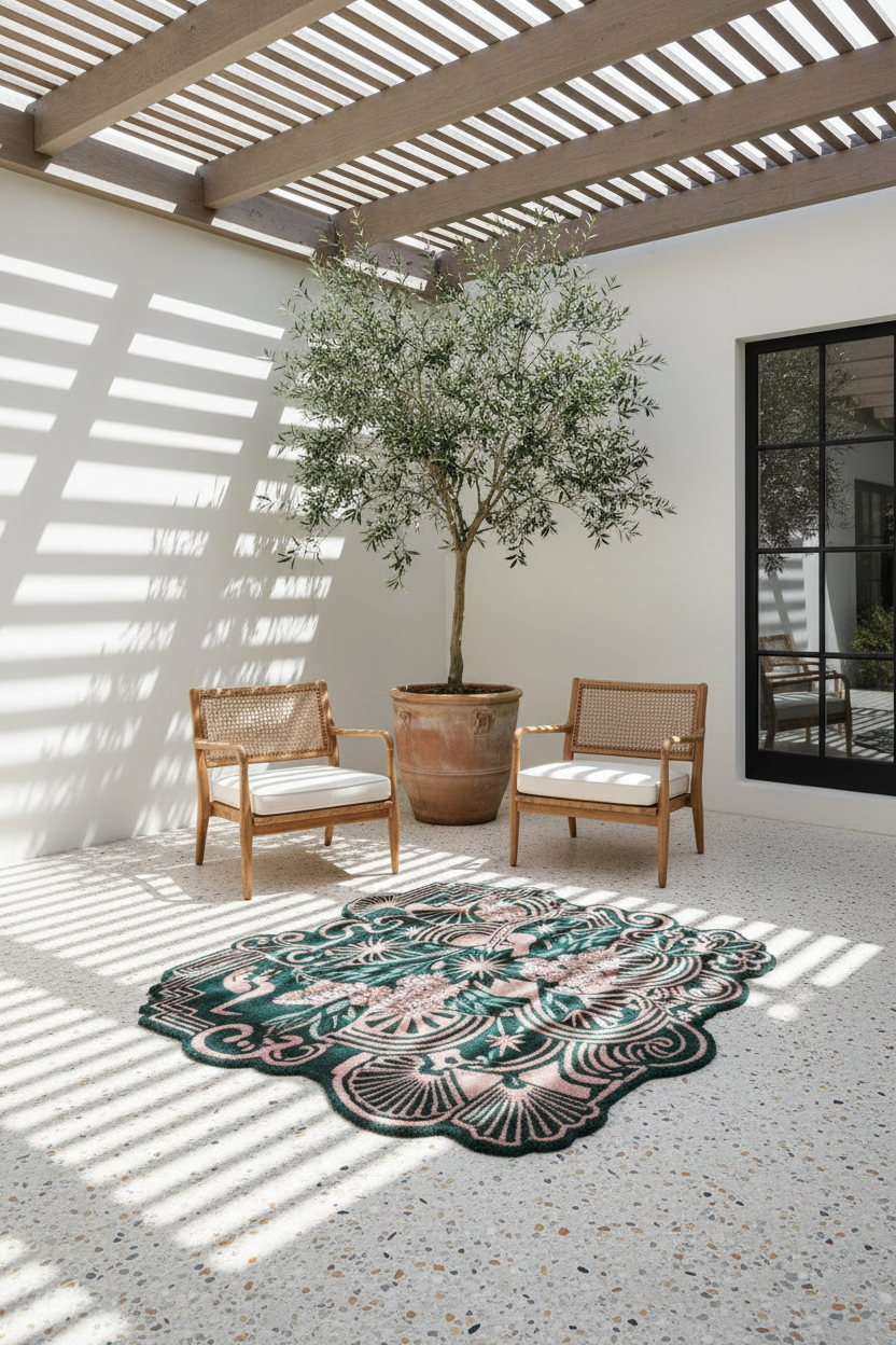 Two wooden chairs with white cushions under a pergola, with a decorative rug on the floor.