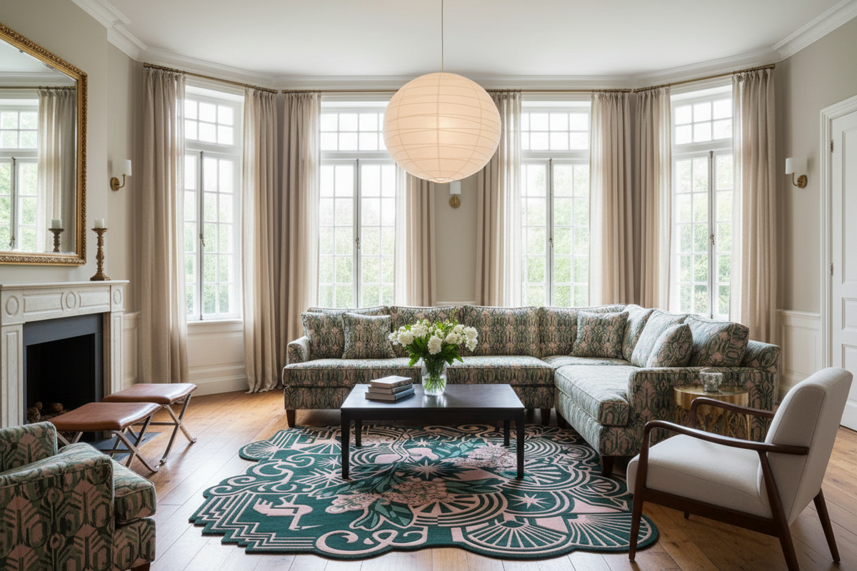 A beautifully styled living room featuring a large sectional sofa with a green and beige floral pattern, a matching accent chair, a black coffee table, and a decorative teal and pink rug. The room is illuminated by natural light from tall windows with beige curtains, and a large white paper lantern hangs from the ceiling.
