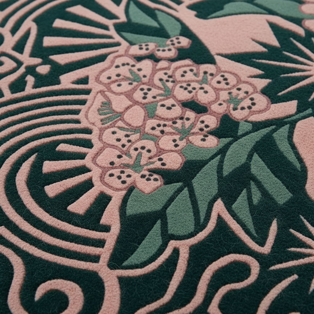 A close-up of a textured rug featuring a stylized floral pattern with pink blossoms, green leaves, and dark green background details.