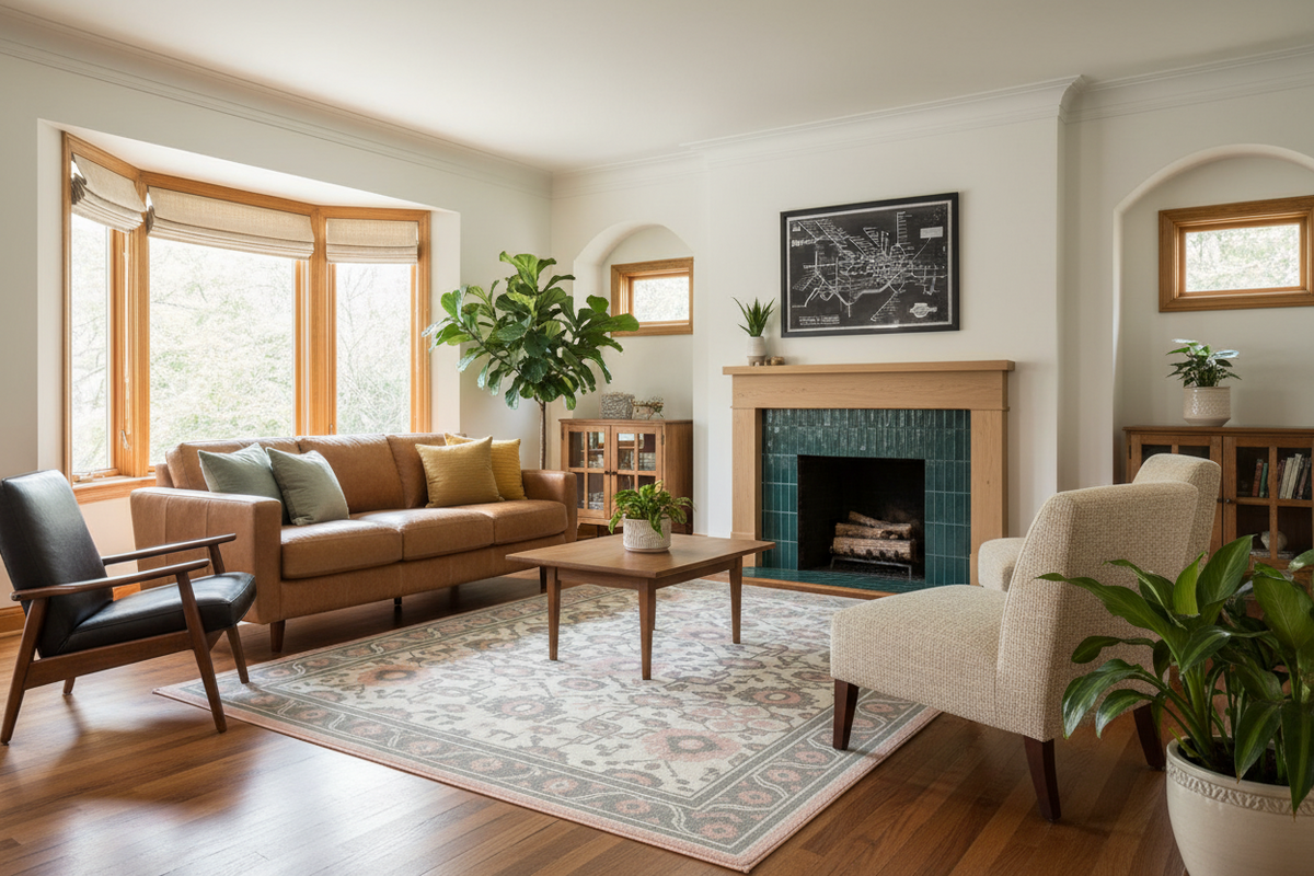 Living room with brown sofa, beige floral rug, coffee table, and fireplace.