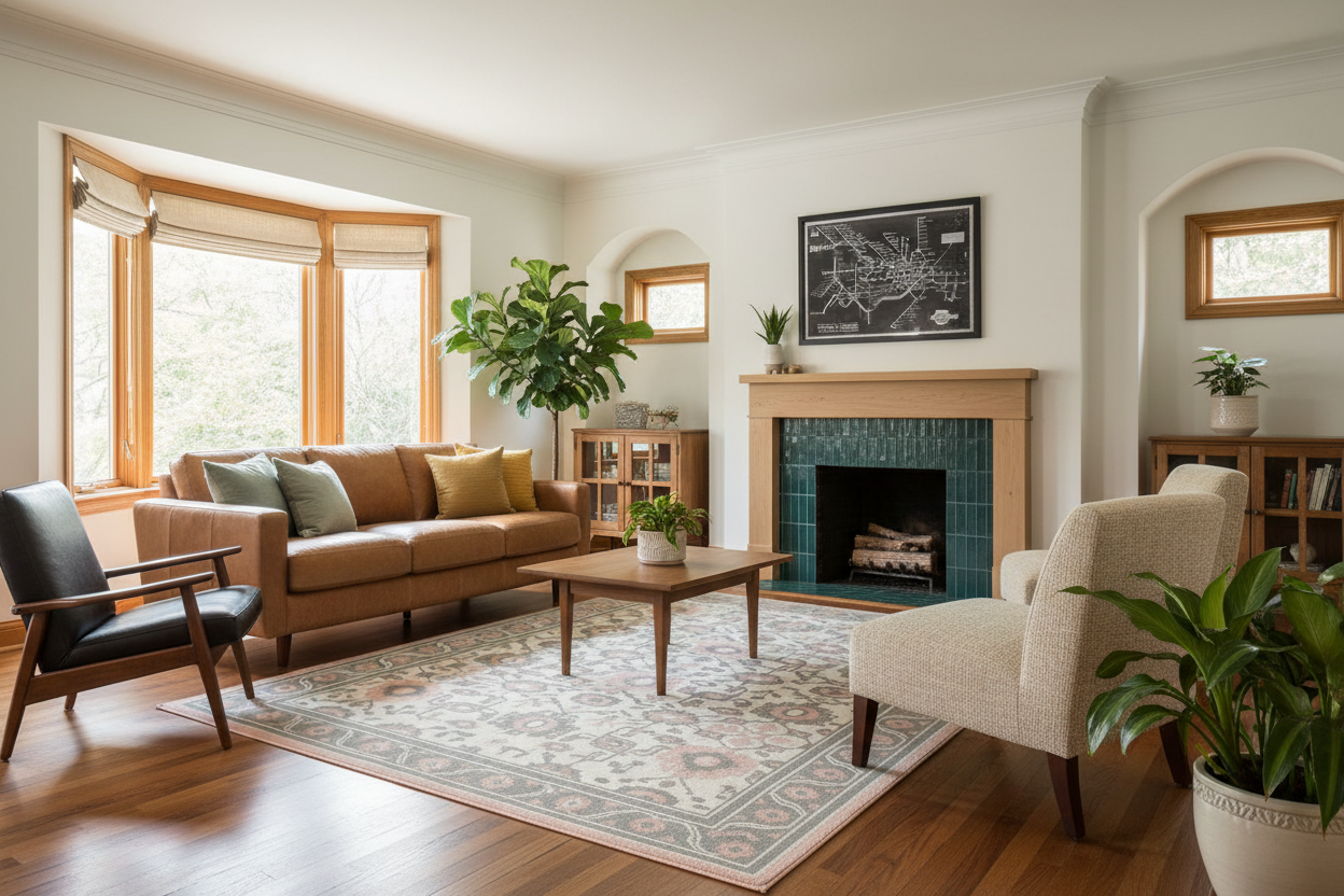 Living room with brown sofa, beige floral rug, coffee table, and fireplace.