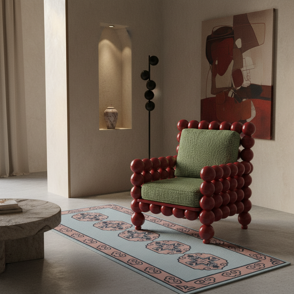 A modern armchair with a green upholstered seat and back cushion, supported by a frame made of stacked glossy red spheres, placed in a styled interior room with a patterned rug, wall art, and a floor lamp.