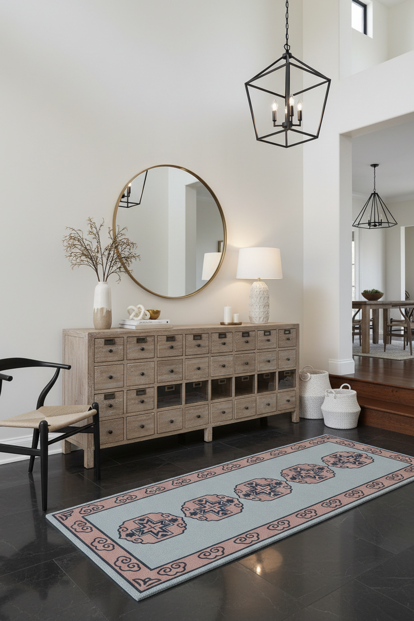 entryway room with wooden dresser, round mirror, and patterned rug.