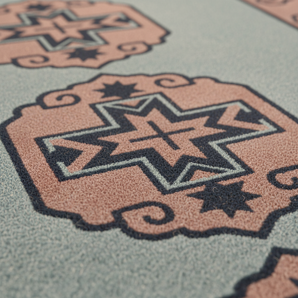 Close-up of a textured area rug with a southwestern geometric pattern in dusty pink, sage green, and charcoal gray.