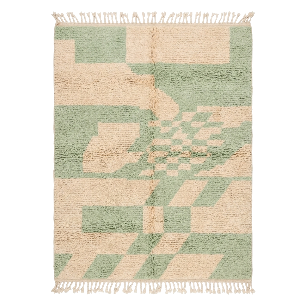 Geometric patterned rug with green and beige colors on a white background