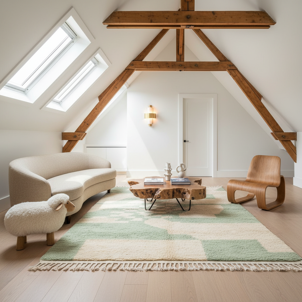 A styled living room in a loft with exposed wooden beams and skylights, featuring a cream curved sofa, a light wood armchair, a sheep-shaped pouf, a natural wood coffee table, and a green and cream patterned rug.