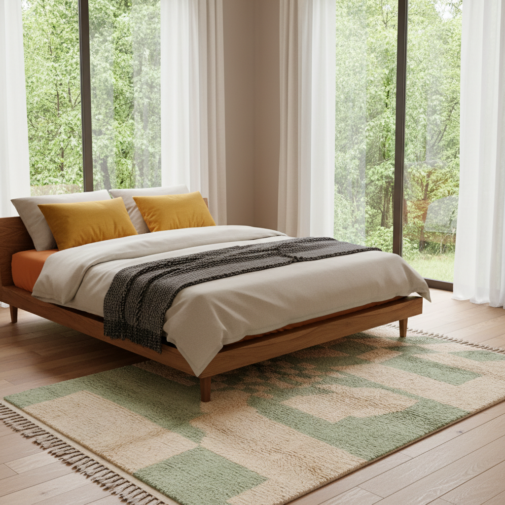 A modern wooden bed frame styled with white bedding, two mustard yellow pillows, and a dark gray throw blanket, set on a green and beige geometric patterned rug in a bright bedroom with large windows and trees outside.