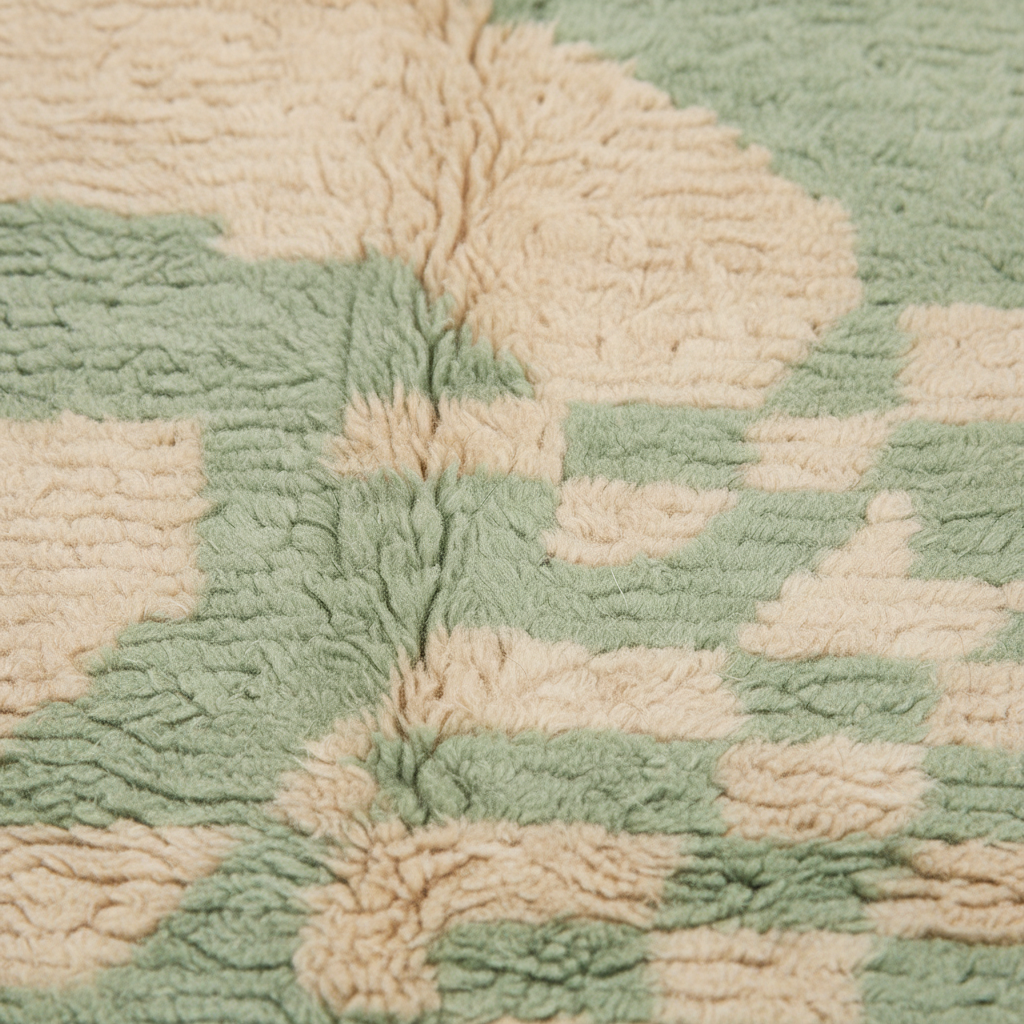Close-up of a plush textured rug with a geometric pattern in sage green and cream.
