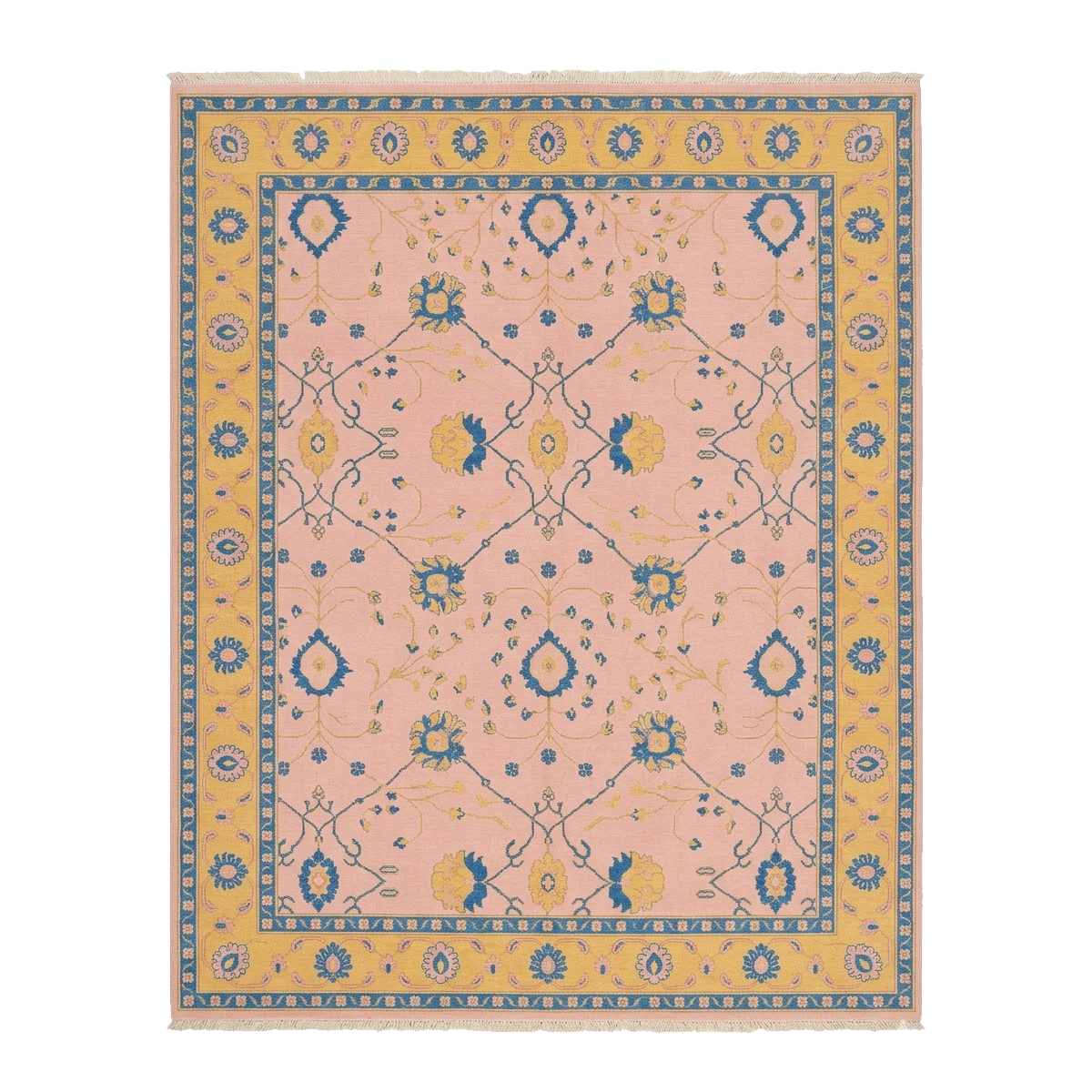 Decorative rug with a pink and yellow pattern on a white background