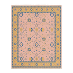 Decorative rug with a pink and yellow pattern on a white background