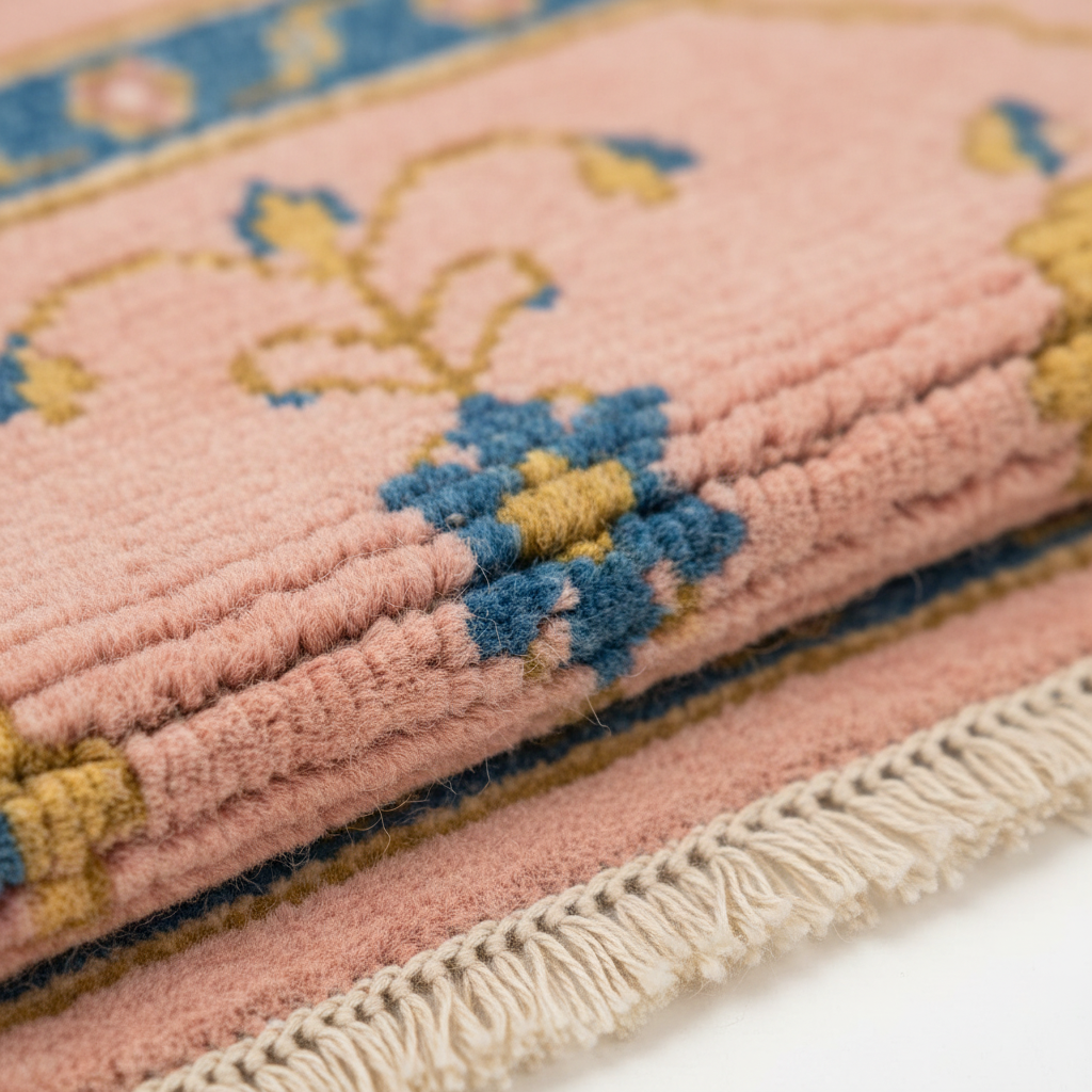 Close-up of a folded pink woven rug with cream fringe, blue and mustard floral motifs, and a patterned border.