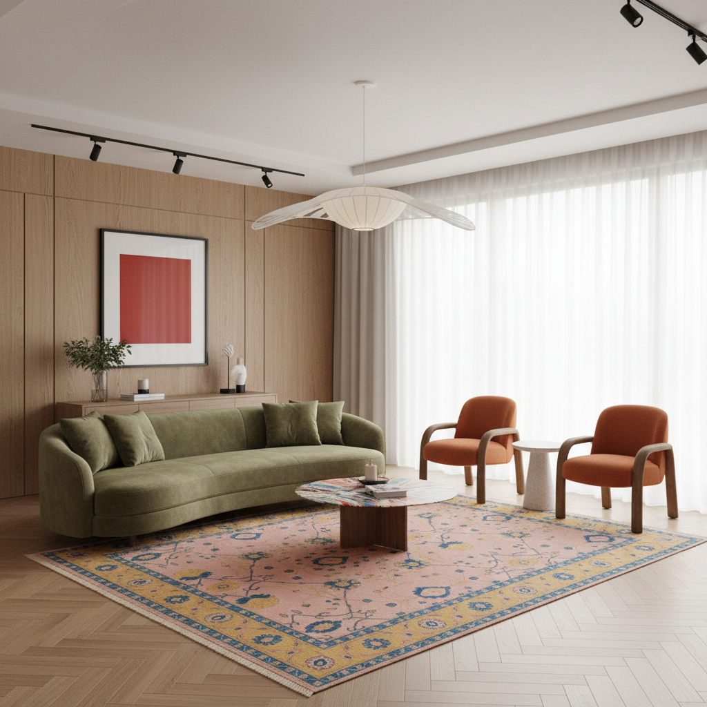 A styled living room interior featuring a curved olive green sofa, two orange armchairs, a patterned pink and blue area rug, a round wooden coffee table, and a wood-paneled wall with framed wall art.