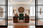 Modern office interior with a wooden desk, green chair, rug, and decorative wall elements.