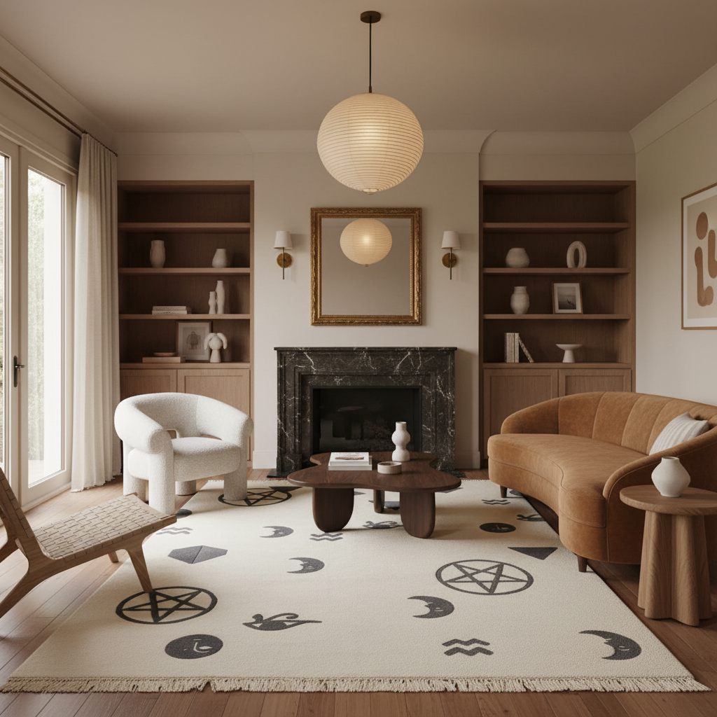 Modern living room with a fireplace, bookshelves, and decorative rug.