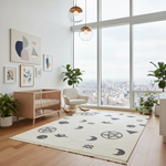 Modern nursery with crib, rug, and city view