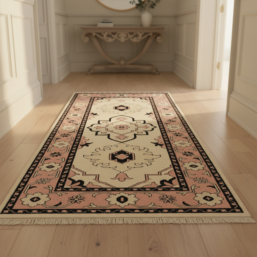 A rectangular area rug with a traditional medallion pattern in beige, pink, and black, shown on a light wood floor in a bright, elegant hallway.