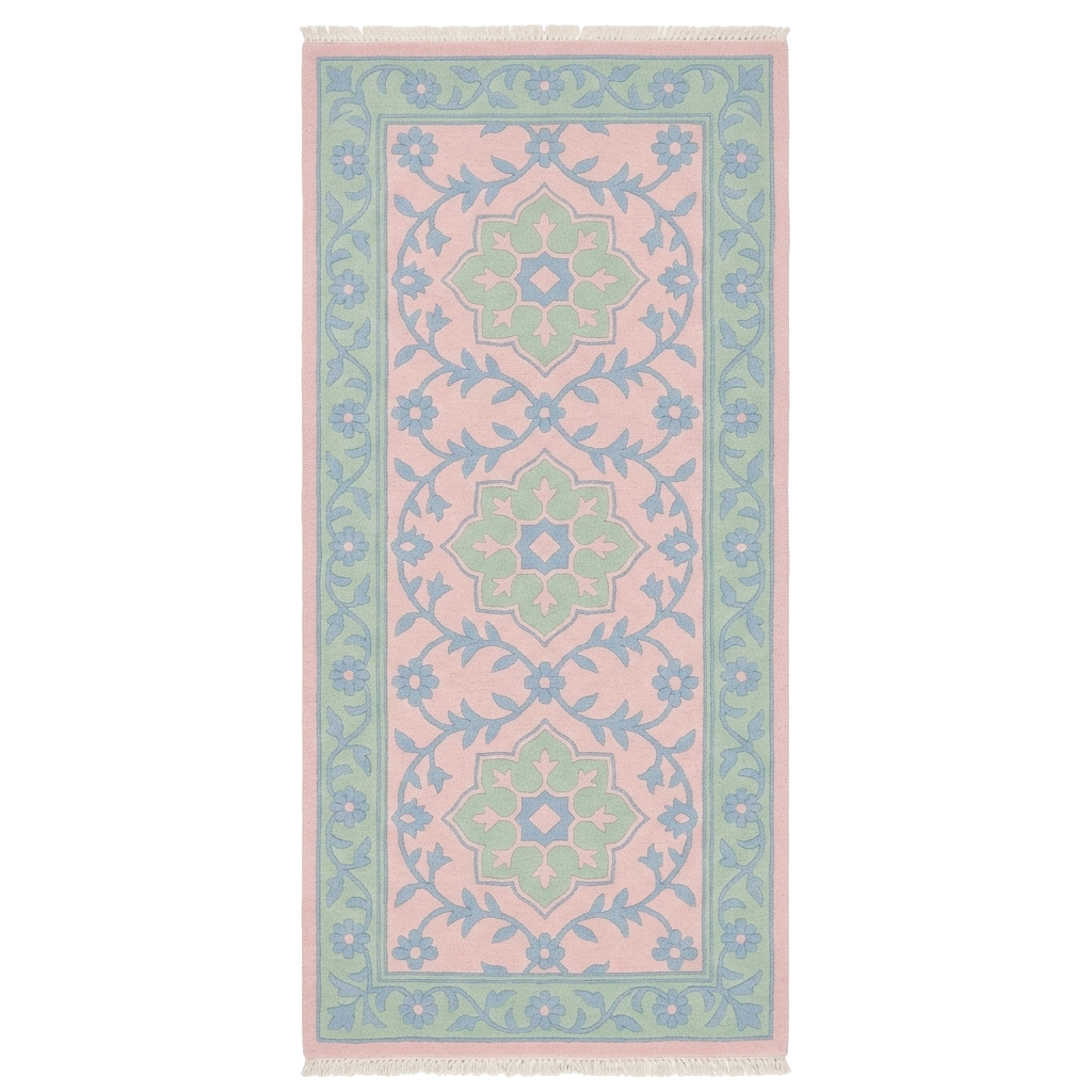 Decorative rug with pink and green pattern on a white background