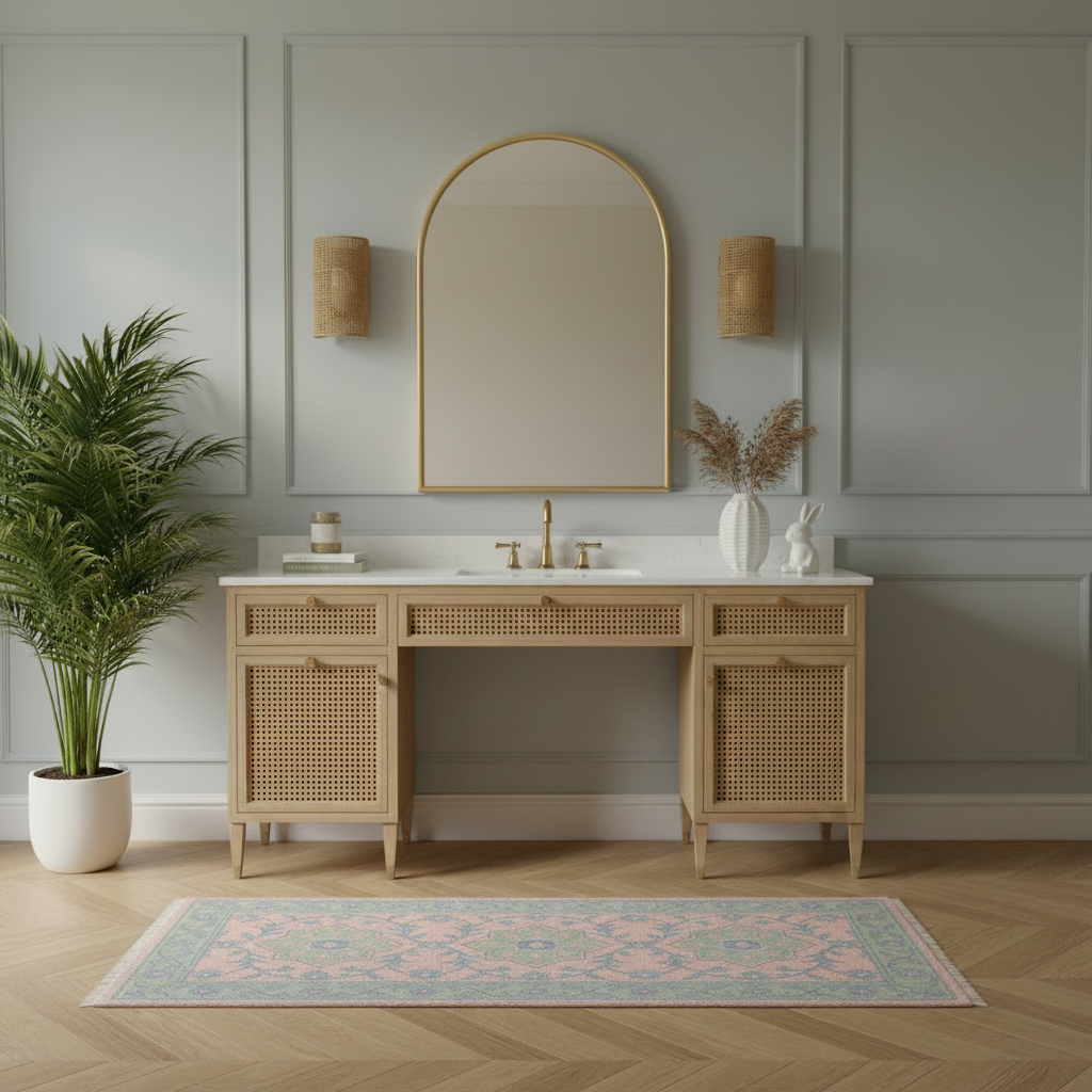 A styled bathroom vanity scene with a light wood console table, white marble countertop, gold faucet, arched wall mirror, two cylindrical sconces, a potted palm, and a pink-and-blue patterned rug on a wood floor.