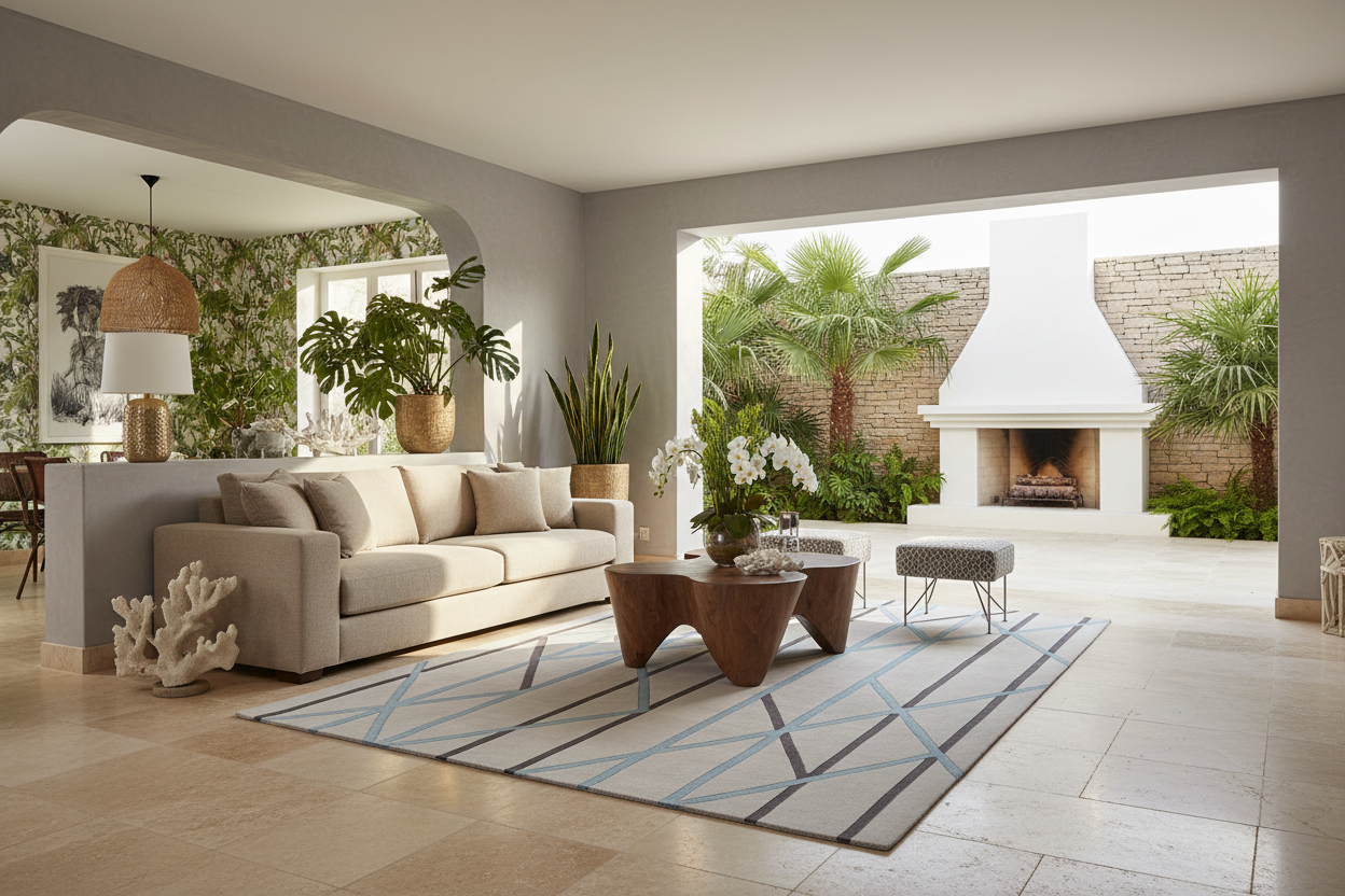 Modern living room with a view of a garden and fireplace.