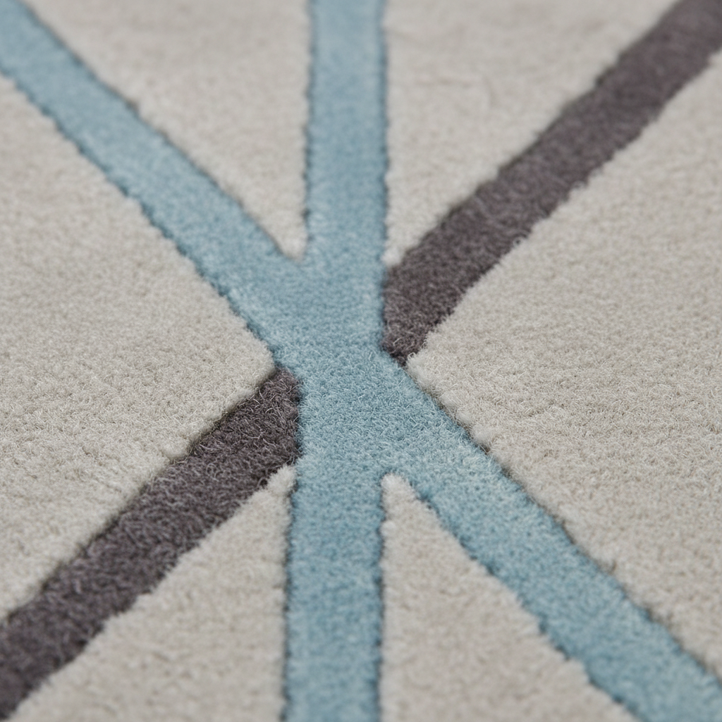 Close-up of a textured area rug with a geometric pattern featuring light blue and dark gray lines on a warm off-white background.