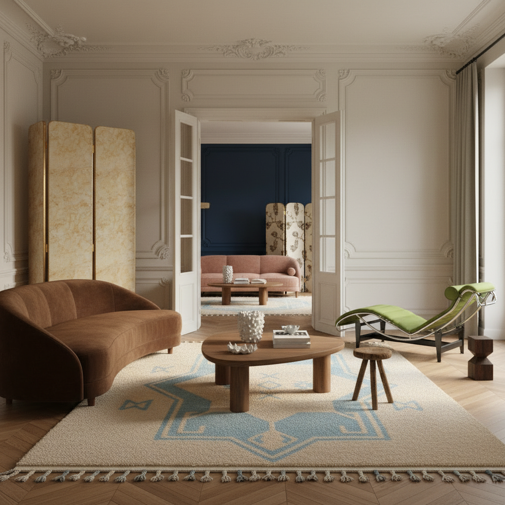 Modern living room with brown sofa, round coffee table, shaggy rug, and green lounge chair.