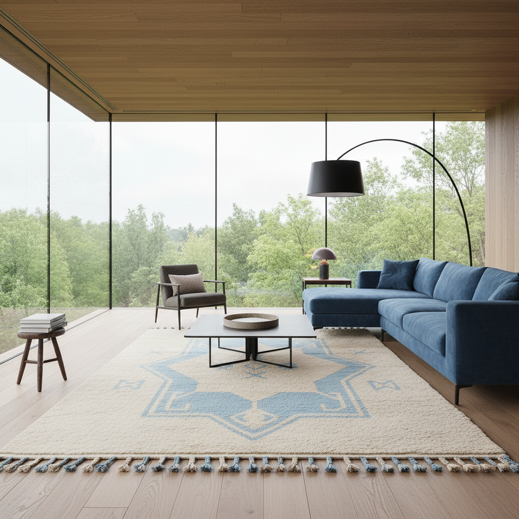A modern living room with a large blue sectional sofa, matching blue rug, cream rug with blue geometric pattern, black floor lamp, and a large window overlooking a green forest.