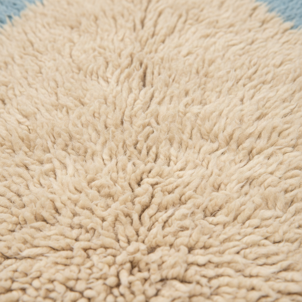 Close-up of a plush, high-pile shag rug in a warm cream or beige color, showing the thick, curly texture of the yarn.