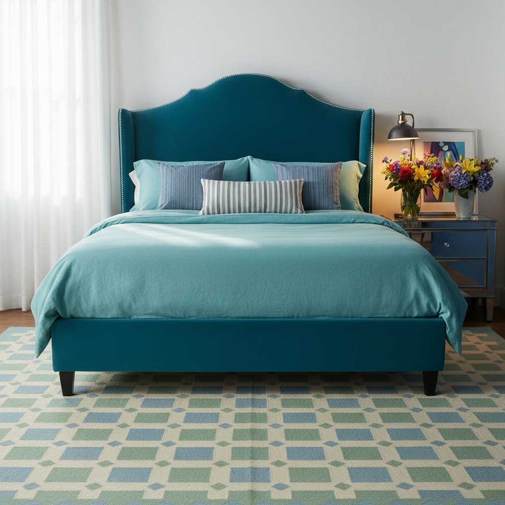 A teal upholstered bed with a matching headboard and footboard, styled with teal bedding, blue and striped accent pillows, a blue nightstand with a lamp and flowers, and a patterned rug.